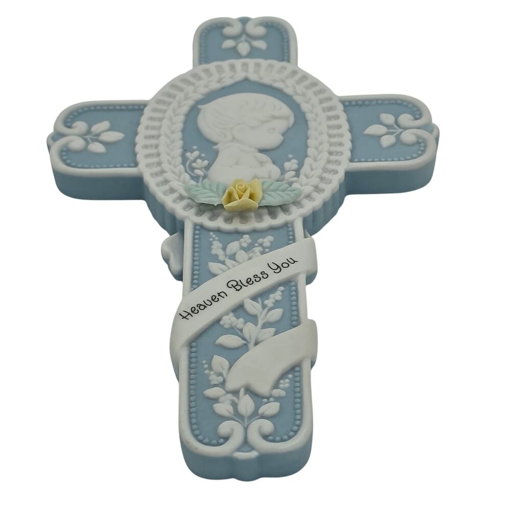 Precious Moments Heaven Bless You Baby Boy Wall Cross Porcelain Baptism Gift